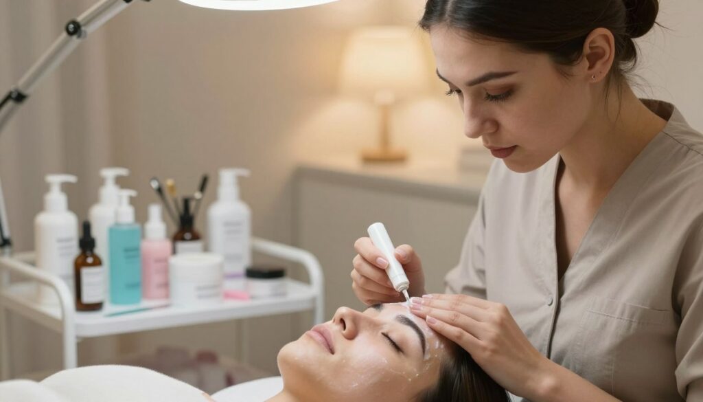 A professional beauty therapist in a modest outfit meticulously prepares a client's skin for permanent makeup application. The foreground showcases the therapist applying a gentle cleanser to the client's face, with focused expressions indicating concentration. In the middle ground, a well-organized beauty station displays various skincare products, tools, and a mirror, inviting a sense of professionalism. The background features soft, ambient lighting that creates a warm, inviting atmosphere, enhancing the tranquility of the setting. A shallow depth of field emphasizes the therapist's hands, drawing attention to the preparation process. The overall mood is calm and professional, conveying the importance of careful preparation in achieving a flawless permanent makeup look.