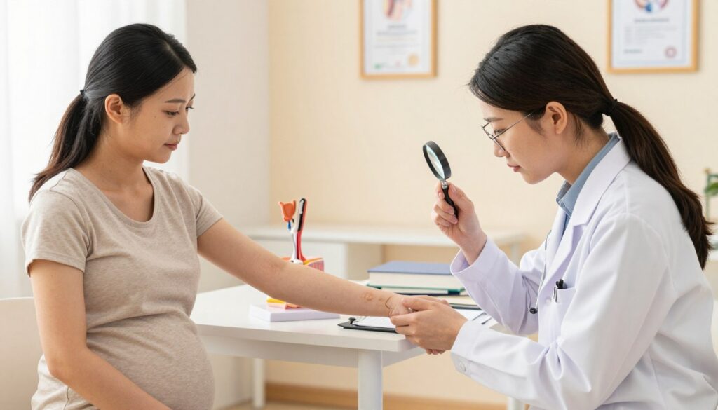 A professional consultation between a doctor and a patient in a well-lit, modern medical office. In the foreground, a focused female doctor, wearing a white lab coat and glasses, examines a visible wart on the patient’s forearm, using a magnifying glass. The patient, a pregnant woman with a calm expression, is seated comfortably, wearing modest, casual clothing. In the middle ground, an anatomical model of skin is displayed on the table, alongside medical books and tools. The background features soft pastel colors and framed medical certifications on the wall, creating a warm and reassuring atmosphere. The lighting is bright and natural, highlighting the attentive interaction in the scene, captured from slightly above eye level.