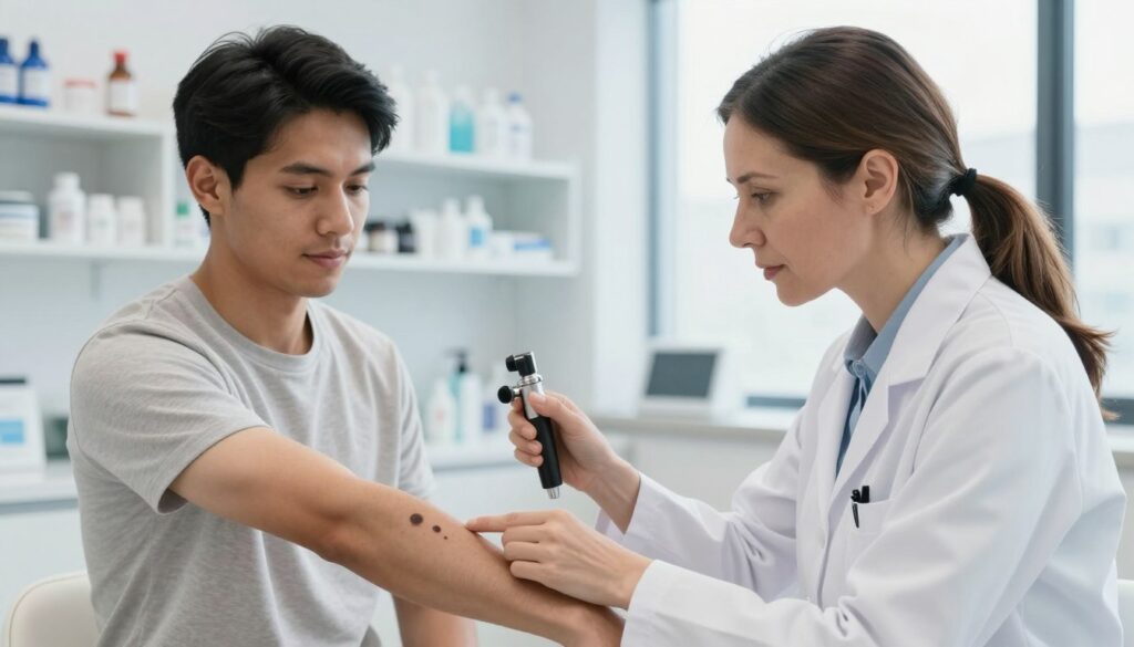 A professional dermatologist examines a black wart on a patient's forearm in a well-lit, modern clinic. In the foreground, focus on the doctor, a middle-aged Caucasian woman in a white lab coat, using a dermatoscope closely to investigate the skin lesion. The patient, a young Hispanic man, wears a plain shirt, looking calmly at the dermatologist. In the middle background, shelves stocked with medical supplies and skincare products are visible, contributing to the clinical atmosphere. Soft natural light filters through large windows, creating a clean and reassuring environment. The angle captures both the doctor and the patient, emphasizing their interaction while maintaining a professional tone throughout the scene.
