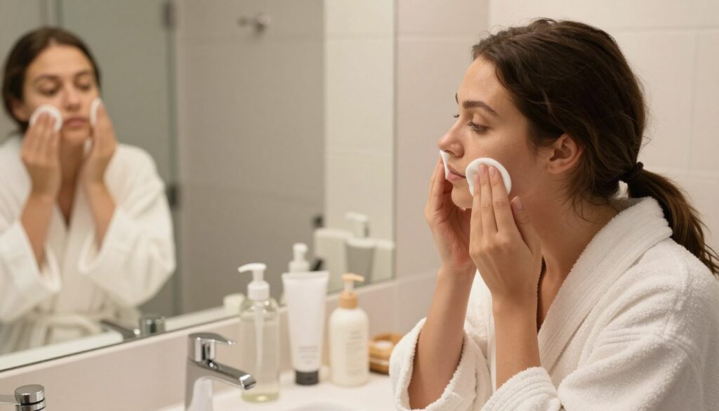 A serene and inviting bathroom scene focused on the process of makeup removal and skin cleansing. In the foreground, a young woman with clear skin, dressed in a soft, modest white robe, gently removes her makeup using a cotton pad and micellar water, showcasing a soft and natural expression. The middle ground features a stylish vanity with skincare products like cleansers, toners, and moisturizers, arranged neatly, reflecting a sense of order. In the background, soft, warm lighting illuminates the room, creating a calm and pampering atmosphere. A large mirror reflects the scene, adding depth. The angle is slightly above eye level, enhancing the intimate and comforting mood, combining relaxation with a focus on healthy skincare routines.