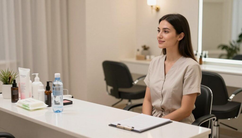 A serene and well-lit beauty salon interior, focusing on a professional beauty practitioner preparing for a brow treatment. In the foreground, show a neatly organized countertop with various beauty products such as cleansing wipes, a water bottle, and a notepad. In the middle, depict the practitioner in modest, professional attire, standing attentively next to a consultation chair, demonstrating a calm and inviting demeanor. The background features soft lighting, elegant decor, and a mirror reflecting a relaxing atmosphere. Emphasize a clean, uncluttered environment symbolizing preparation and care, conveying a sense of professionalism and attention to client comfort. The overall mood should feel tranquil and focused, ideal for a beauty treatment setting.
