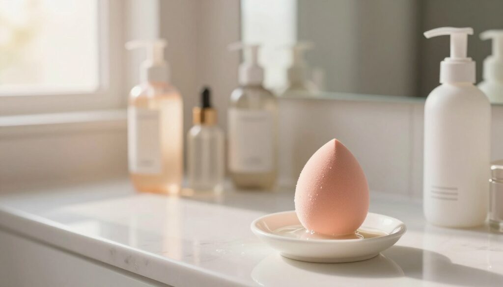 A serene bathroom scene featuring a clean countertop with various beauty and skincare products artfully arranged. In the foreground, an oval-shaped, wet makeup sponge, or beauty blender, rests beside a small dish filled with gentle cleanser. The sponge is partially submerged in the cleanser, showcasing the cleaning process. The middle ground displays a beautifully lit mirror reflecting soft, natural light, highlighting the tranquility of the scene. In the background, a light, airy window allows warm sunlight to filter in, creating a calm and inviting atmosphere. The image should focus on conveying a sense of cleanliness and beauty regimen, with soft, soothing colors and a gentle ambiance. A serene bathroom scene featuring a clean countertop with various beauty and skincare products artfully arranged. In the foreground, an oval-shaped, wet makeup sponge, or beauty blender, rests beside a small dish filled with gentle cleanser. The sponge is partially submerged in the cleanser, showcasing the cleaning process. The middle ground displays a beautifully lit mirror reflecting soft, natural light, highlighting the tranquility of the scene. In the background, a light, airy window allows warm sunlight to filter in, creating a calm and inviting atmosphere. The image should focus on conveying a sense of cleanliness and beauty regimen, with soft, soothing colors and a gentle ambiance.