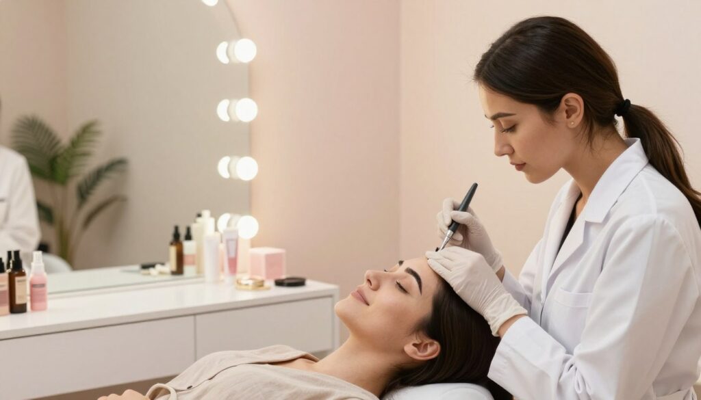 A serene beauty salon environment showcasing a skilled cosmetologist performing permanent makeup on a client. In the foreground, the cosmetologist is focused on applying precise strokes of permanent eyebrow makeup with a professional tool, wearing a clean white lab coat and gloves. The client, comfortably seated and smiling, has a neutral expression and is adorned in modest casual clothing. In the middle ground, a vanity mirror reflects the soft, warm lighting of the space, illuminating elegantly arranged beauty products. The background features calming pastel-colored walls and subtle plants, creating a tranquil atmosphere. The overall mood is professional and relaxing, inviting the viewer into the world of permanent makeup artistry.