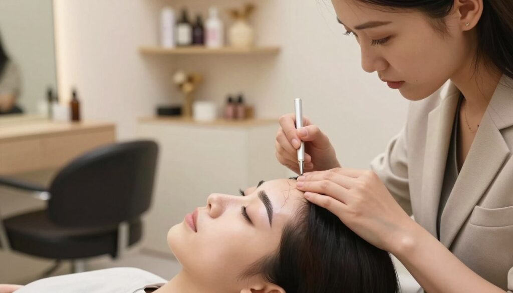 A serene beauty salon interior, focusing on a close-up of an eyebrow technician applying a brow lamination treatment to a client. The technician, dressed in professional business attire, uses delicate tools while the client relaxes in a stylish salon chair. Soft, diffused lighting creates a warm atmosphere, emphasizing the textures of the client's brows and the glossy products being used. In the background, shelves lined with beauty products and calming decor establish an inviting environment. The scene captures the focus on eyebrow enhancement while subtly hinting at the potential risks of lamination, depicted by faint imagery of fragile and slightly damaged brow hair textures blending into the background, symbolizing the concern of hair weakness. The mood is tranquil yet informative, encouraging awareness of brow care.