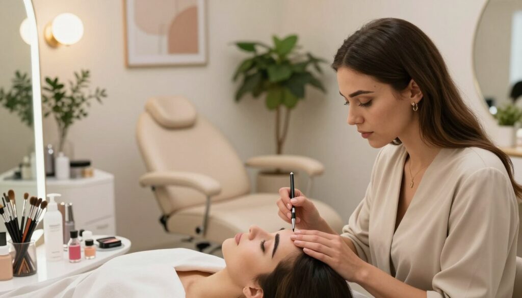 A serene beauty salon scene focused on a professional preparing for a semi-permanent eyebrow makeup procedure. In the foreground, a makeup artist, dressed in chic, modest attire, is meticulously organizing tools like eyebrow pencils, pigments, and brushes on a pristine table. In the middle ground, a comfortable treatment chair is set up, surrounded by soft lighting that creates a calming atmosphere. A mirror reflects warm illumination, enhancing the inviting vibe. The background showcases elegant decorations, including lush plants and soothing artwork, contributing to a tranquil salon environment. The image captures a sense of anticipation and professionalism, emphasizing the careful preparation required for the permanent eyebrow makeup process. The scene is well-composed, with soft focus on the background to highlight the artist's preparations.