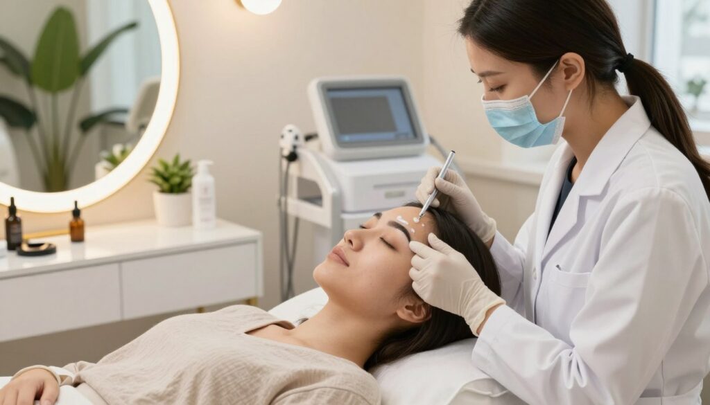 A serene beauty salon setting focused on eyebrow care after a permanent makeup procedure. In the foreground, a professional cosmetologist, wearing a white lab coat and protective gloves, gently applies a soothing lotion to a client's freshly treated eyebrows. The client, in comfortable, modest casual clothing, appears relaxed and attentive. In the middle ground, the consultation area features elegant, soft lighting that creates a warm ambiance, with stylish beauty tools and skincare products neatly arranged. The background includes decorative plants and modern salon equipment, enhancing the calming environment. The mood is tranquil and reassuring, emphasizing the importance of aftercare in an elegant, professional atmosphere. The scene is bright, with natural light filtering through a window, providing an inviting and safe space for post-treatment care.