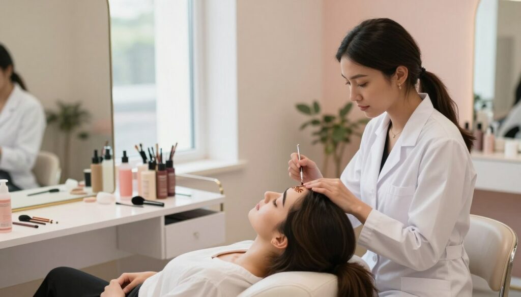 A serene beauty salon setting focusing on an aesthetically pleasing workspace. In the foreground, a professional cosmetologist, dressed in a clean white lab coat and black pants, is gently applying henna to perfectly shaped eyebrows of a female client, who appears relaxed and content. The middle ground features a well-organized beauty station with various henna products and tools neatly arranged. Soft, natural light filters in through a large window, creating a calm and inviting atmosphere. In the background, pastel-colored walls and soothing decor enhance the ambiance. The overall mood is one of serenity and professionalism, highlighting the theme of safety and care in the beauty process.