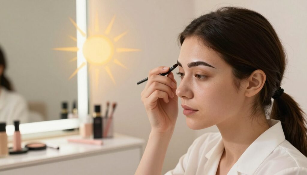 A serene beauty salon setting, showcasing a close-up of elegantly shaped eyebrows enhanced by permanent makeup. In the foreground, a professional female aesthetician examines the eyebrows under soft, warm lighting, her attire reflecting professionalism and care. In the middle ground, an illustration of UV rays filtering through a window, subtly emphasizing the potential for skin damage and fading of the pigments. The background should include elements like a well-organized makeup station with cosmetics neatly arranged, enhancing the atmosphere of beauty and self-care. The overall mood is calm and informative, highlighting the importance of protecting permanent makeup from UV exposure after application.
