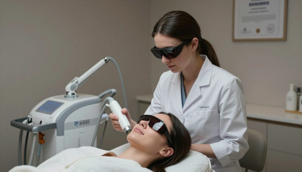 A serene, clinical setting depicting a professional female aesthetician in a white lab coat, focused on a client receiving laser facial hair removal treatment. The client, a woman with well-groomed eyebrows and soft features, sits comfortably in a reclining chair, gazing relaxed, with protective goggles on. Soft, dim lighting creates a calm atmosphere, highlighting the sophisticated laser equipment in the background. The room is decorated with soothing colors, and a medical certificate hangs elegantly on the wall. Shot from a slight angle showcasing both the aesthetician's precision and the client's calm demeanor, conveying professionalism and tranquility in skincare. The overall mood is serene and professional, emphasizing the connection between advanced beauty treatments and hair growth.