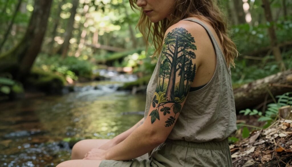 A serene forest scene featuring a woman with an intricate tattoo of a forest landscape covering her upper arm. The tattoo should prominently display stylized trees and symbolic leaves, representing growth and connection to nature. The woman is wearing a simple, modest attire, sitting on a log surrounded by lush greenery and soft sunlight filtering through the trees. In the background, a gentle stream runs through the forest, reflecting the dappled light. Use a warm color palette to evoke a calm, reflective mood. Capture the scene with a shallow depth of field to emphasize the tattoo and the woman’s expression of tranquility. The image should be well-lit, showcasing the details of the tattoo and the beauty of the surrounding nature.