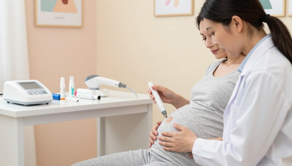A serene medical setting depicting safe methods for treating warts during pregnancy. In the foreground, a healthcare professional in a white lab coat gently explains treatment options to a pregnant woman in modest casual clothing, seated comfortably. The middle ground features a well-organized examination room with medical tools related to wart treatment, such as a laser device and topical creams, arranged neatly on a counter. The background showcases soothing, pastel-colored walls and calming artwork that emphasize health and wellness. Bright, soft lighting creates a warm atmosphere, evoking a sense of safety and care. The composition is focused, capturing the supportive interaction between the doctor and the expectant mother, while promoting a professional and nurturing environment.