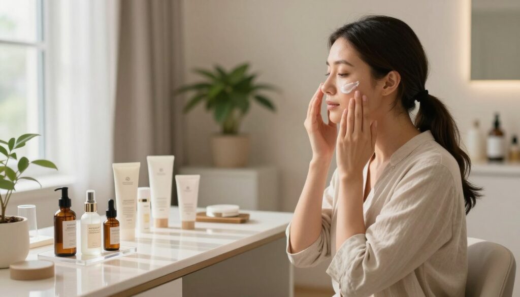 A serene skincare preparation scene showcasing an elegant, well-lit treatment room. In the foreground, a professional woman in a modest casual outfit demonstrates skincare techniques, gently applying a moisturizing serum to her cheeks using clean, precise movements. The middle ground features aesthetically arranged skincare products, such as moisturizers and serums, displayed neatly on a polished countertop. Soft natural light filters through a nearby window, creating a calming, warm atmosphere. In the background, soothing decor, like potted plants and soft fabrics, enhances the tranquil environment. The angle captures the action of skincare preparation, emphasizing the importance of nurturing the skin before a cosmetic procedure. The overall mood is one of professionalism and care, highlighting a focused approach to skin health.