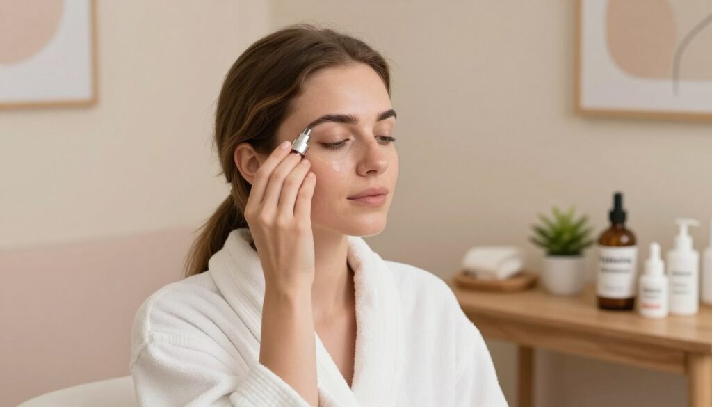 A serene spa setting focused on skin care after permanent makeup application. In the foreground, a woman with light skin tone, dressed in a modest white robe, gently applying a soothing serum to her eyebrows, which are freshly shaped. She looks relaxed and focused. The middle ground features a wooden table with various skincare products labeled as "hydrating," "nourishing," and "non-irritating," along with a small plant for a touch of nature. In the background, soft, diffused lighting casts a warm glow, creating a calming atmosphere. The walls are adorned with pastel colors and simple art, evoking a sense of tranquility and safety during the skin regeneration process. The composition emphasizes caution, care, and the importance of following post-treatment guidelines.