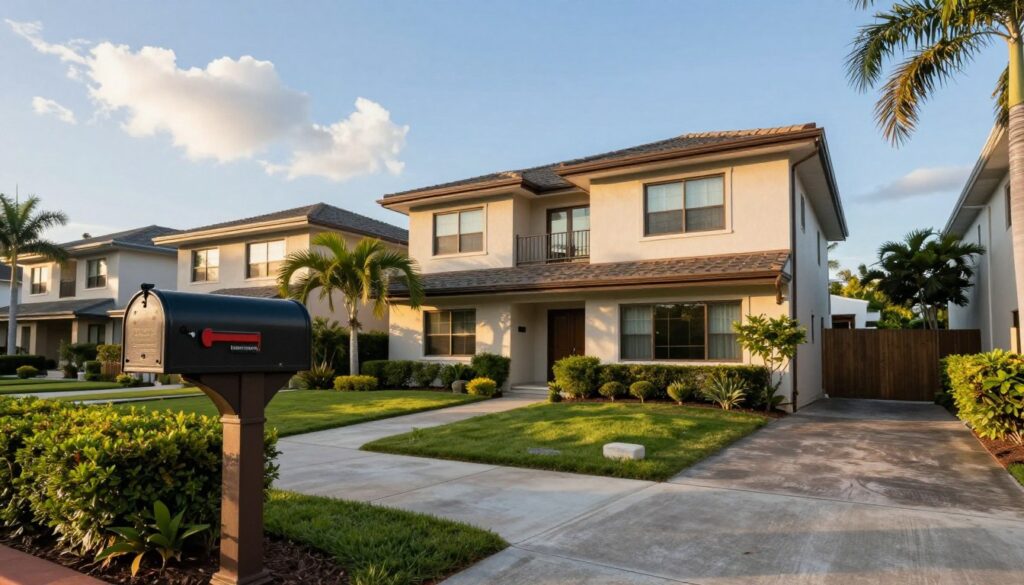 A serene urban neighborhood scene showcasing a traditional residential house surrounded by well-maintained gardens. In the foreground, an elegant mailbox displaying a nameplate, symbolizing the public nature of political residences. In the middle ground, a glimpse of a driveway leading to the house, perfectly groomed landscaping, and a subtropical tree, adding character. The background features a clear blue sky with soft white clouds, conveying a peaceful atmosphere. The lighting is warm and inviting, as if during the golden hour, casting soft shadows. The image is captured with a slight tilt from a low angle, giving depth and focus on the house while maintaining an overall professional and respectful tone, suitable for the topic. No human figures or text elements are present, ensuring a clean visual representation of public housing information.