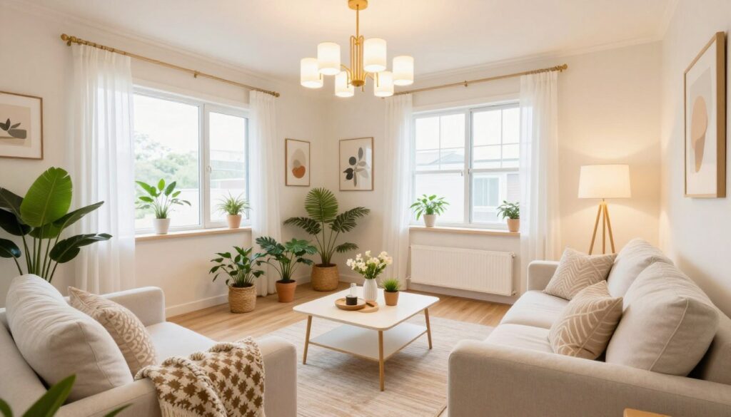 A small living room featuring bright, soft colors and warm, inviting lighting. In the foreground, a cozy sofa adorned with light-colored cushions and a patterned throw. The middle ground reveals a stylish coffee table with decorative items, surrounded by indoor plants that bring a touch of nature indoors. The background showcases bright, airy walls with artistic wall decor, and large windows that let in natural light. The room is illuminated by a modern chandelier and lamp providing a warm glow, enhancing the overall cheerful atmosphere. The composition should convey both comfort and functionality, making it an ideal representation of a well-designed small living space.