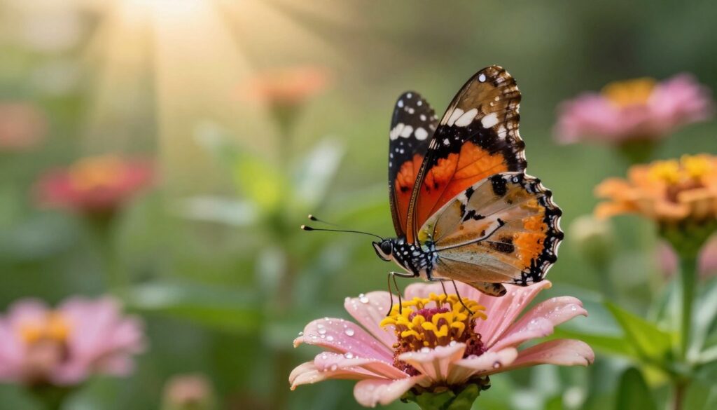 A stunning close-up of a butterfly, showcasing intricate patterns and vibrant colors on its wings, symbolizing transformation and freedom. The foreground features the butterfly perched delicately on a blooming flower, with raindrops glistening on the petals in soft morning light. In the middle ground, a soft blurred backdrop of a tranquil garden filled with lush greenery and pastel-colored flowers enhances the butterfly's vivid colors. The lighting is warm and ethereal, with golden rays filtering through the leaves, creating an uplifting atmosphere. The composition captures a serene moment, evoking feelings of hope and renewal, ideal for representing the spiritual significance of the butterfly in cultural history. The image should be rich in detail, focusing on the delicate beauty of nature without any text or distractions.