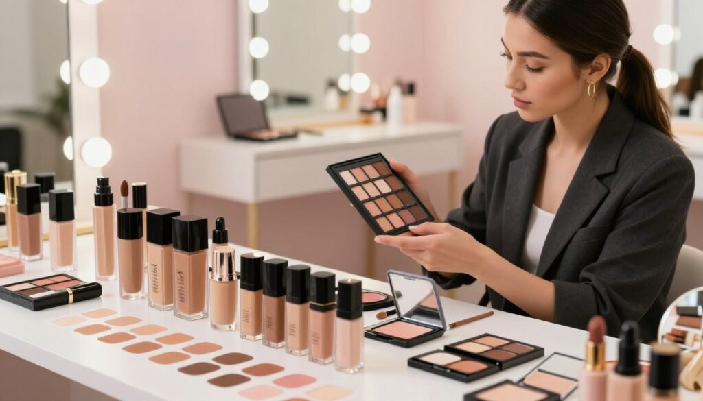 A stylish and informative setting showcasing a diverse range of cosmetics tailored for different skin types and shades. In the foreground, elegant makeup products like foundations, concealers, and blushes are arranged neatly, accompanied by color swatches demonstrating various skin tones. In the middle ground, a professional makeup artist, dressed in smart casual attire, is thoughtfully assessing skin types using shades from the palette next to her. The background features a softly lit beauty station with mirrors and soft pastels, creating a serene and welcoming atmosphere. The lighting is bright yet warm, enhancing the allure of the cosmetics. Capture the scene from a diagonal angle, providing a dynamic perspective while highlighting the variety and accessibility of cosmetics for all skin types.