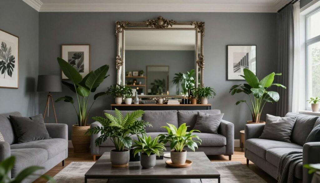 A stylish gray living room featuring lush indoor plants and elegant mirrors. In the foreground, a variety of vibrant green plants are artfully arranged on a modern coffee table, adding a touch of natural beauty. The middle section showcases a large, ornate mirror reflecting the soft ambient light, which creates an illusion of depth and openness in the space. Walls adorned with tasteful wall art and decorative accents complement the gray tones. The background is softly lit, hinting at natural light streaming in through a large window, casting gentle shadows. The atmosphere is serene and inviting, embodying a balance of modern elegance and organic warmth. Use a wide-angle lens to capture the entire scene and enhance the spacious feel.