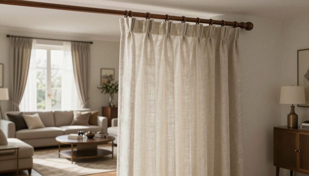 A stylish living room showcasing a perfectly matched curtain rod (karnisz) that complements the room's decor. In the foreground, depict an elegant, modern curtain rod made of polished wood with intricate detailing, accentuating the sophistication of the space. The middle section includes linen curtains in a soft, neutral color, gently billowing in a subtle breeze. The background features a beautifully arranged living room with understated furniture, decorative pillows, and a chic coffee table, all bathed in warm, natural light streaming through large windows. The overall mood is inviting and harmonious, capturing the essence of effective interior design. Use a wide-angle lens to encapsulate the entire room, ensuring the focus remains on the curtain rod as a central decorative element.
