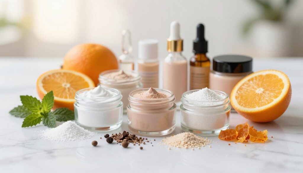 A vibrant and detailed arrangement of various active ingredients used in makeup primers, elegantly displayed on a clean, white marble surface. The foreground features close-up shots of ingredients like hyaluronic acid, niacinamide, and vitamin C in their natural forms—fruits, herbs, and small glass vials. The middle ground includes an aesthetically pleasing mix of these components, emphasizing their textures and colors, which evoke freshness and vitality. The background is softly blurred with a hint of gentle, diffused natural light streaming in, creating a warm and welcoming atmosphere. The overall mood is professional and inviting, perfect for conveying the efficacy and benefits of primer ingredients. The composition should be well-balanced, capturing attention while maintaining a sense of elegance and sophistication. A vibrant and detailed arrangement of various active ingredients used in makeup primers, elegantly displayed on a clean, white marble surface. The foreground features close-up shots of ingredients like hyaluronic acid, niacinamide, and vitamin C in their natural forms—fruits, herbs, and small glass vials. The middle ground includes an aesthetically pleasing mix of these components, emphasizing their textures and colors, which evoke freshness and vitality. The background is softly blurred with a hint of gentle, diffused natural light streaming in, creating a warm and welcoming atmosphere. The overall mood is professional and inviting, perfect for conveying the efficacy and benefits of primer ingredients. The composition should be well-balanced, capturing attention while maintaining a sense of elegance and sophistication.