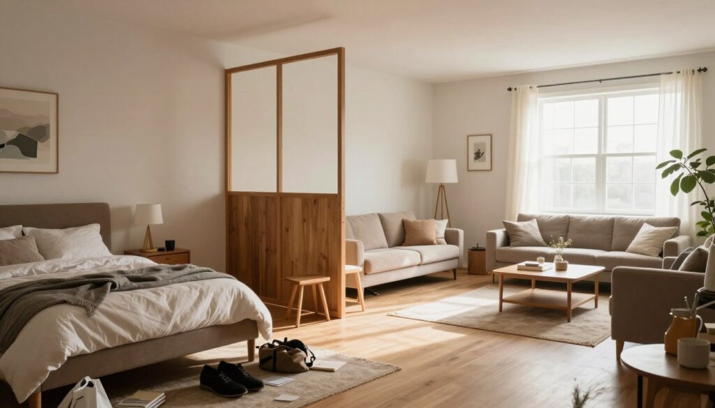 A well-decorated living space split between a cozy bedroom and a modern living room, with visible common pitfalls in room division. In the foreground, illustrate a cluttered area where personal items overlap between zones. The middle showcases a half-constructed room divider that appears impractical, with mismatched furniture awkwardly positioned. The background features a bright window casting soft, natural light, creating a warm ambiance. Use a wide-angle lens to capture the entire scene, emphasizing the contrast between functional and dysfunctional design. The mood should convey subtle frustration and the struggle for harmony, while maintaining a clean, professional appearance without any text or distractions.
