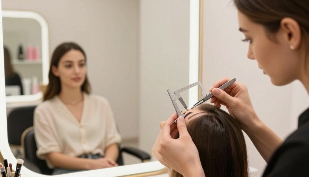 A well-lit, professional beauty salon interior showcases a skilled beautician expertly shaping eyebrows after geometry measurements. In the foreground, a close-up of the beautician’s focused hands holds a pair of precise tweezers, meticulously working on the brow of a client. The client, seated comfortably in a stylish chair, has a relaxed expression with natural makeup, wearing a modest blouse. In the middle, a mirror reflects the symmetry of the brows and the geometrical tools used for measuring, such as calipers and a brow ruler. Ambient soft lighting creates a calming atmosphere, emphasizing the professionalism of the setting. In the background, shelves display beauty products, adding to the salon's inviting feel. The composition captures the essence of eyebrow shaping artistry.