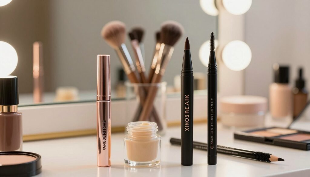 A well-organized display featuring eyebrow beauty products for choosing the ideal option: a clear gel, a creamy wax, a precise felt-tip pen, and a classic pencil. In the foreground, prominently display these tools with intricate details like shiny packaging and textures. In the middle, arrange soft makeup brushes and a small mirror, reflecting the products. The background should be softly blurred, showcasing a stylish vanity with warm lighting to create a welcoming and elegant atmosphere. Use soft-focused lighting to highlight the products' colors and textures, emphasizing their usability for brow styling. The overall mood is serene and inspiring, inviting the viewer to explore makeup possibilities.